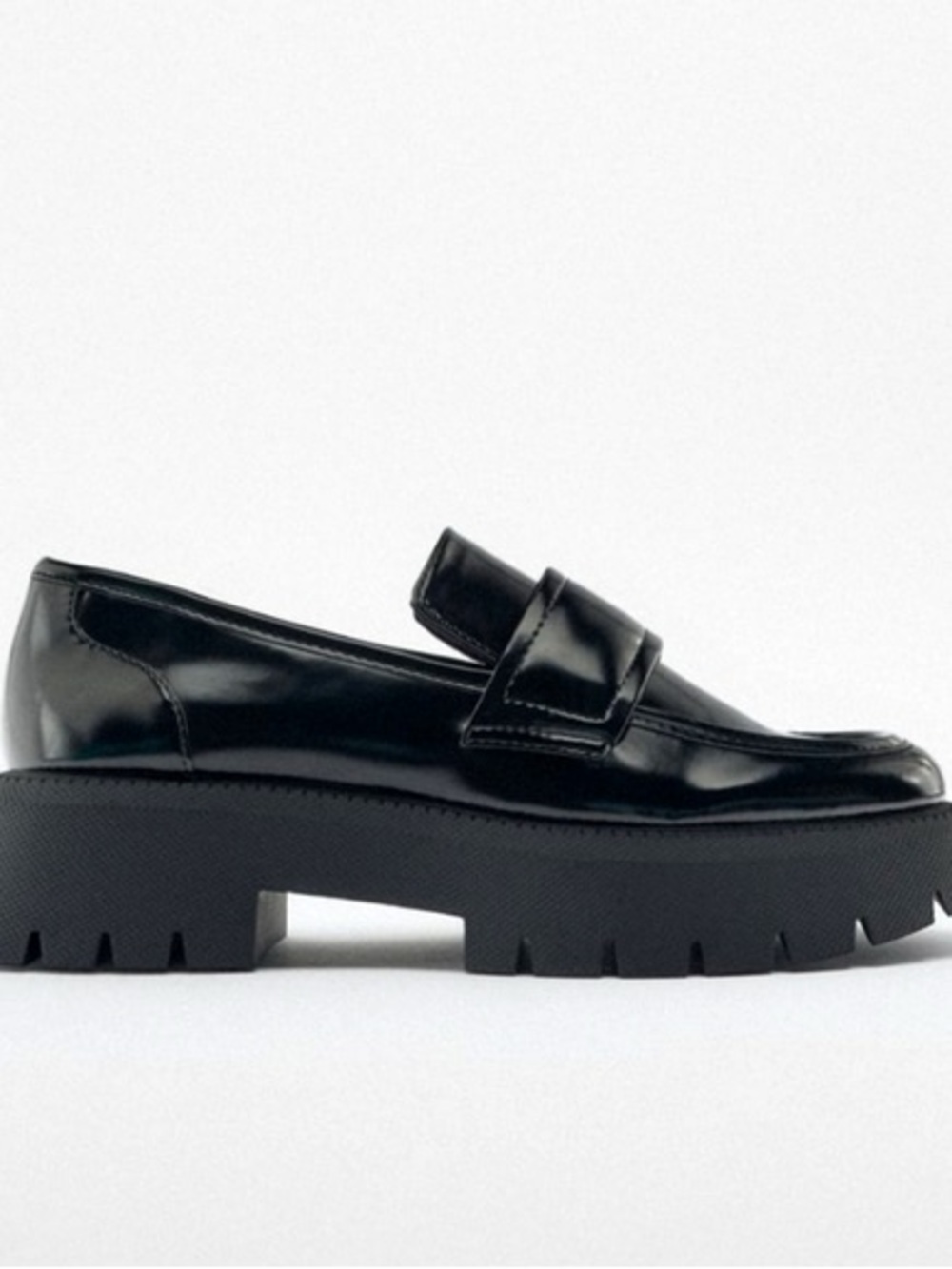 Zara Black Leather Chunky Penny Loafers